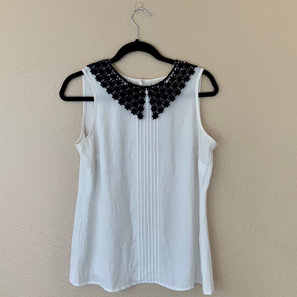 White Loft Blouse with Black Floral Collar